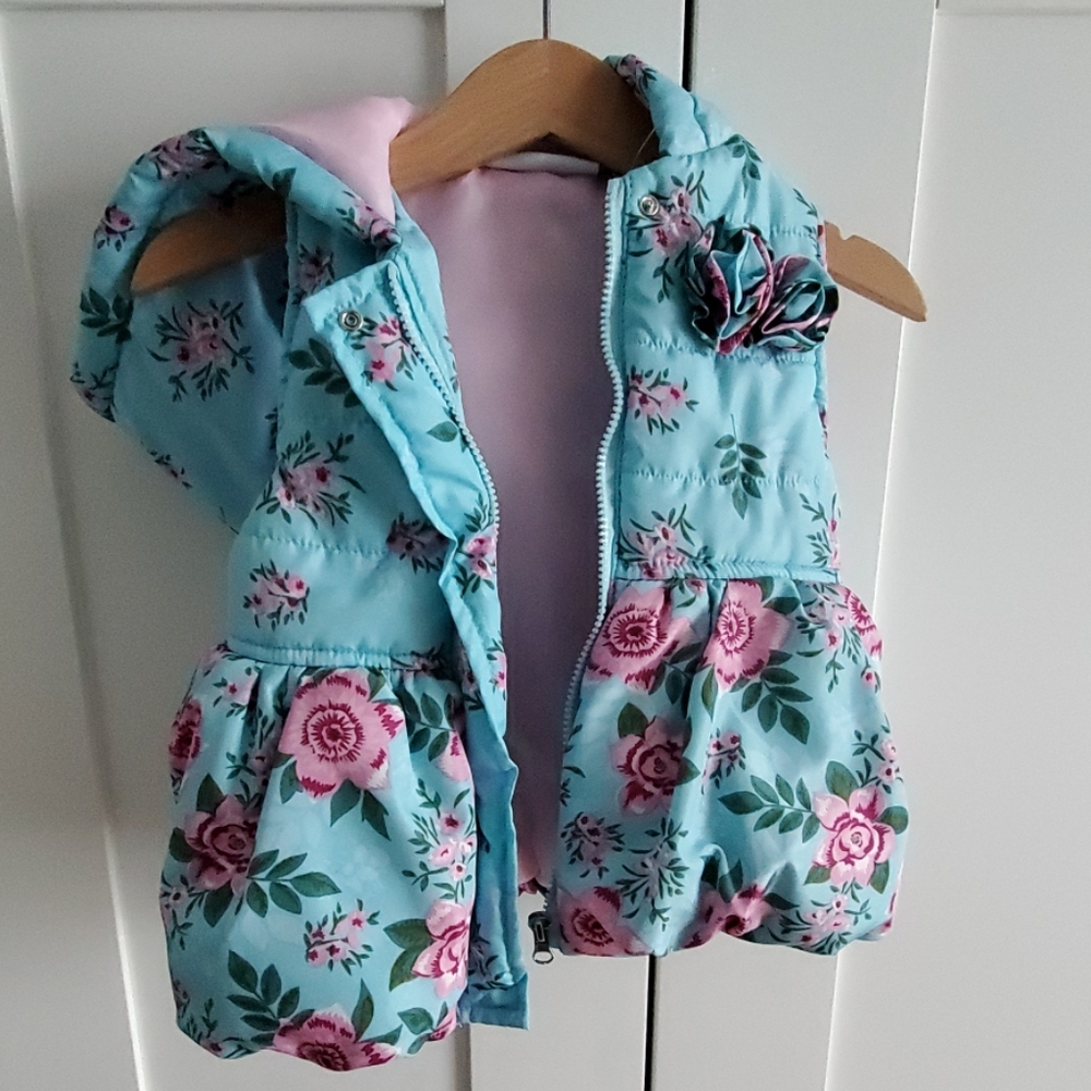 New Hooded Blue/Pink Flower Puffer Vest 18mo